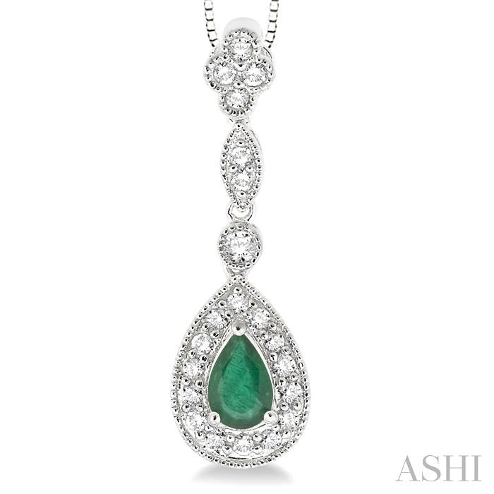6x4 MM Pear Shape Emerald and 1/4 Ctw Round Cut Diamond Pendant in 14K White Gold with Chain