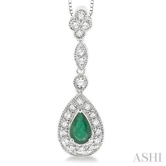 6x4 MM Pear Shape Emerald and 1/4 Ctw Round Cut Diamond Pendant in 14K White Gold with Chain