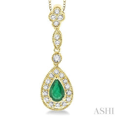 6x4 MM Pear Shape Emerald and 1/4 ctw Round Cut Diamond Pendant in 14K Yellow Gold with Chain