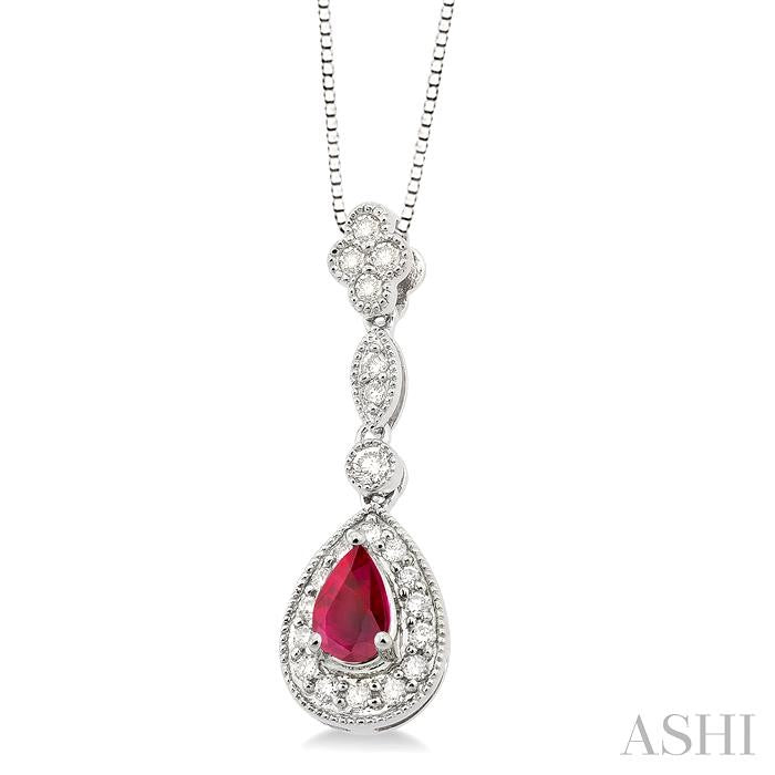 6x4 MM Pear Shape Ruby and 1/4 ctw Round Cut Diamond Pendant in 14K White Gold with Chain