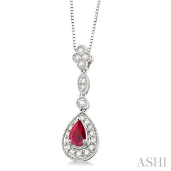 6x4 MM Pear Shape Ruby and 1/4 ctw Round Cut Diamond Pendant in 14K White Gold with Chain
