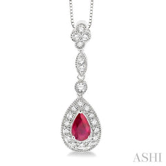 6x4 MM Pear Shape Ruby and 1/4 ctw Round Cut Diamond Pendant in 14K White Gold with Chain