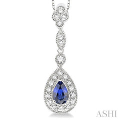 6x4 MM Pear Shape Sapphire and 1/4 ctw Round Cut Diamond Pendant in 14K White Gold with Chain