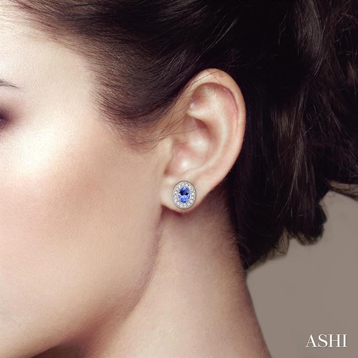 7x5 MM Oval Cut Tanzanite and 3/8 Ctw Round Cut Diamond Earrings in 14K White Gold