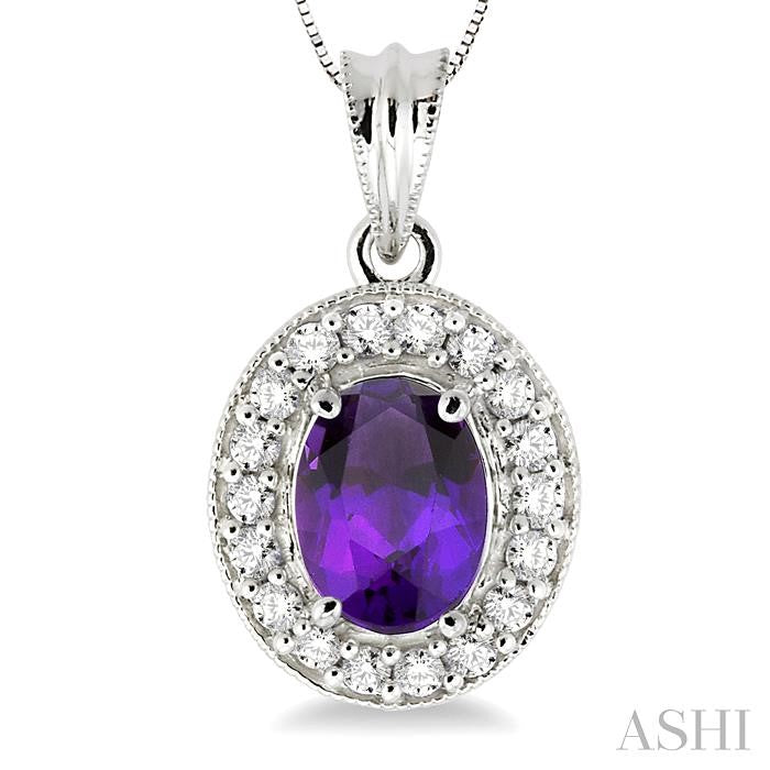 8x6 MM Oval Cut Amethyst and 1/3 ctw Round Cut Diamond Pendant in 14K White Gold with Chain