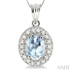 8x6 MM Oval Cut Aquamarine and 1/3 ctw Round Cut Diamond Pendant in 14K White Gold with Chain