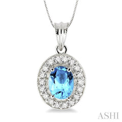 8x6 MM Oval Cut Blue Topaz and 1/3 ctw Round Cut Diamond Pendant in 14K White Gold with Chain