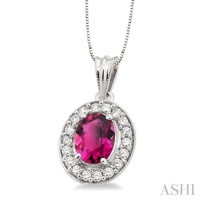 8x6 MM Oval Cut Pink Tourmaline and 1/3 Ctw Round Cut Diamond Pendant in 14K White Gold with Chain