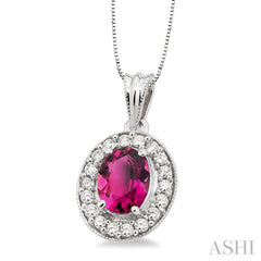 8x6 MM Oval Cut Pink Tourmaline and 1/3 Ctw Round Cut Diamond Pendant in 14K White Gold with Chain