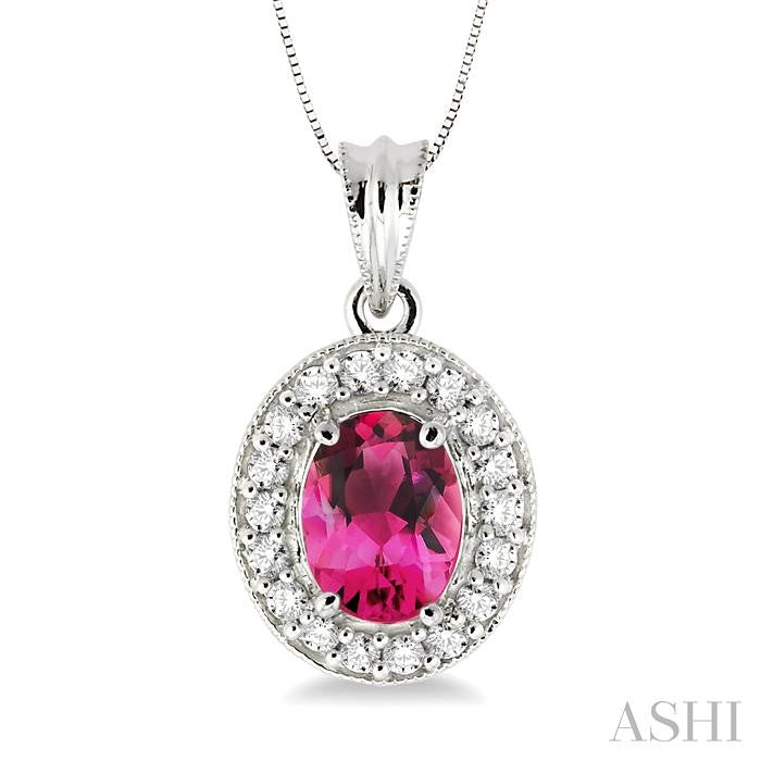 8x6 MM Oval Cut Pink Tourmaline and 1/3 Ctw Round Cut Diamond Pendant in 14K White Gold with Chain
