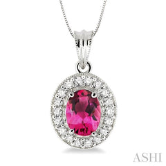8x6 MM Oval Cut Pink Tourmaline and 1/3 Ctw Round Cut Diamond Pendant in 14K White Gold with Chain