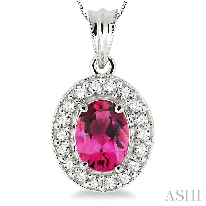 8x6 MM Oval Cut Pink Tourmaline and 1/3 Ctw Round Cut Diamond Pendant in 14K White Gold with Chain