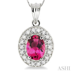 8x6 MM Oval Cut Pink Tourmaline and 1/3 Ctw Round Cut Diamond Pendant in 14K White Gold with Chain