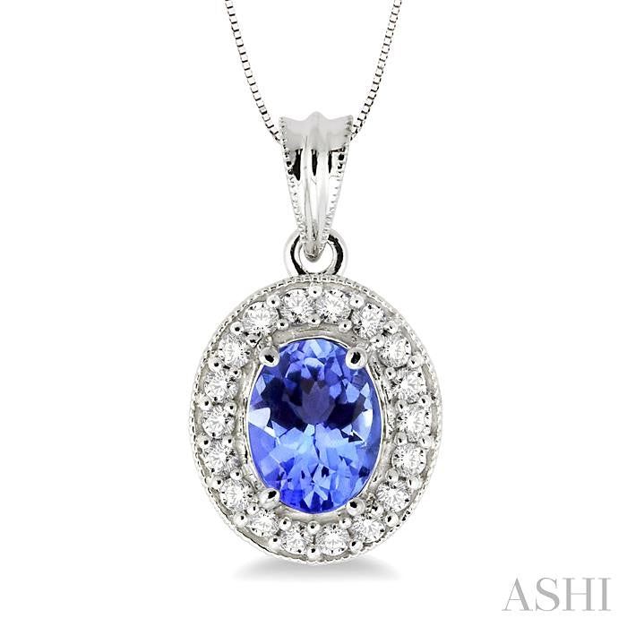 8x6 MM Oval Cut Tanzanite and 1/3 ctw Round Cut Diamond Pendant in 14K White Gold with Chain