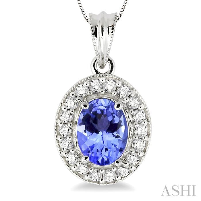 8x6 MM Oval Cut Tanzanite and 1/3 Ctw Round Cut Diamond Pendant in 14K White Gold with Chain