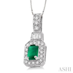 7x5 MM Emerald Shape Emerald and 1/2 ctw Round and Baguette Cut Diamond Pendant in 14K White Gold with Chain