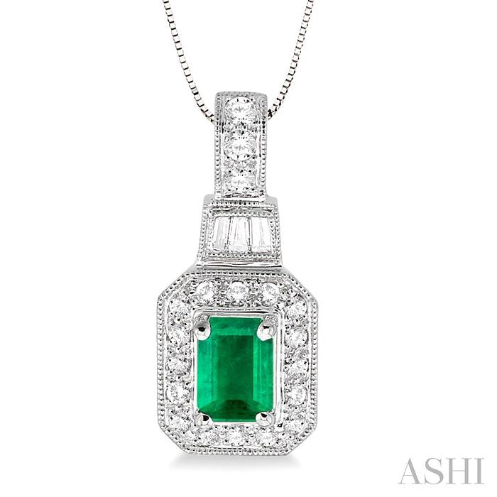 7x5 MM Emerald Shape Emerald and 1/2 ctw Round and Baguette Cut Diamond Pendant in 14K White Gold with Chain
