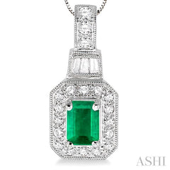 7x5 MM Emerald Shape Emerald and 1/2 ctw Round and Baguette Cut Diamond Pendant in 14K White Gold with Chain