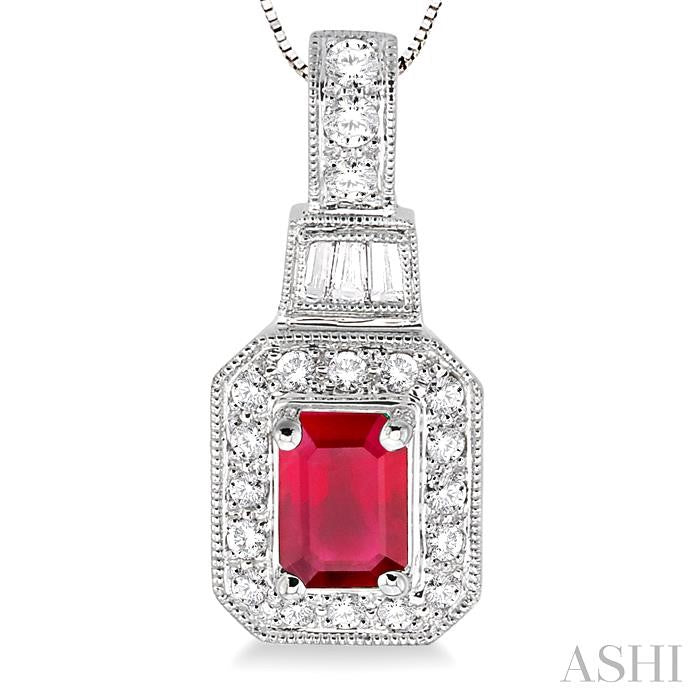 7x5 MM Emerald Shape Ruby and 1/2 ctw Round and Baguette Cut Diamond Pendant in 14K White Gold with Chain