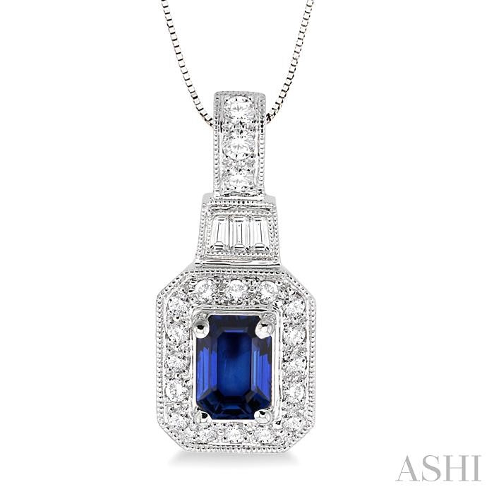 7x5 MM Emerald Shape Sapphire and 1/2 ctw Round and Baguette Cut Diamond Pendant in 14K White Gold with Chain