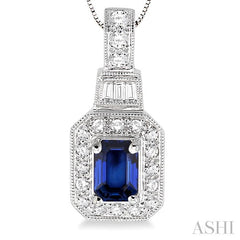 7x5 MM Emerald Shape Sapphire and 1/2 Ctw Round and Baguette Cut Diamond Pendant in 14K White Gold with Chain