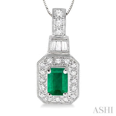 6x4 MM Emerald Shape Emerald and 1/4 ctw Round and Baguette Cut Diamond Pendant in 14K White Gold with Chain