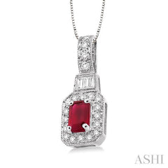 6x4 MM Emerald Shape Ruby and 1/4 Ctw Round and Baguette Cut Diamond Pendant in 14K White Gold with Chain