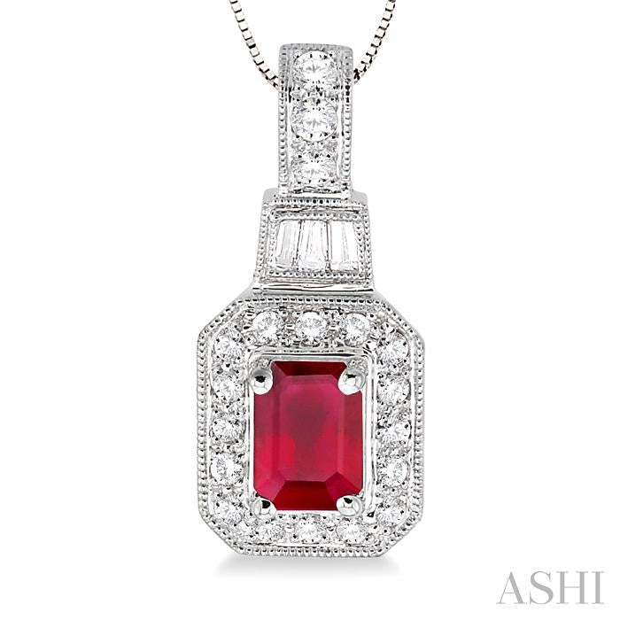 6x4 MM Emerald Shape Ruby and 1/4 Ctw Round and Baguette Cut Diamond Pendant in 14K White Gold with Chain