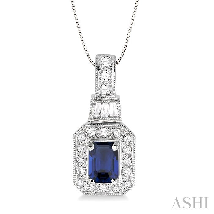 6x4 MM Emerald Shape Sapphire and 1/4 ctw Round and Baguette Cut Diamond Pendant in 14K White Gold with Chain