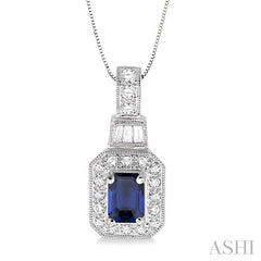 6x4 MM Emerald Shape Sapphire and 1/4 ctw Round and Baguette Cut Diamond Pendant in 14K White Gold with Chain