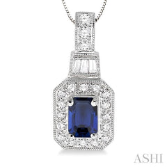 6x4 MM Emerald Shape Sapphire and 1/4 ctw Round and Baguette Cut Diamond Pendant in 14K White Gold with Chain
