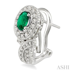 6x4 MM Oval Cut Emerald and 1 Ctw Round Cut Diamond Precious Earrings in 14K White Gold