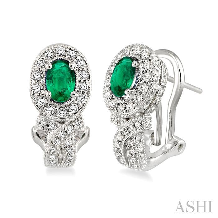6x4 MM Oval Cut Emerald and 1 Ctw Round Cut Diamond Precious Earrings in 14K White Gold