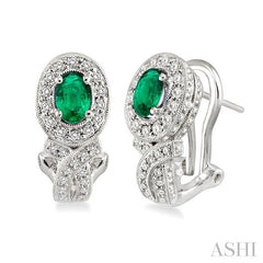 6x4 MM Oval Cut Emerald and 1 Ctw Round Cut Diamond Precious Earrings in 14K White Gold