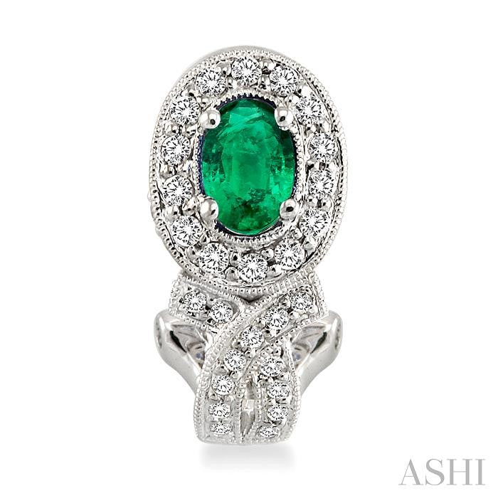 6x4 MM Oval Cut Emerald and 1 Ctw Round Cut Diamond Precious Earrings in 14K White Gold