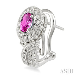 6x4 MM Oval Cut Pink Sapphire and 1 Ctw Round Cut Diamond Precious Earrings in 14K White Gold