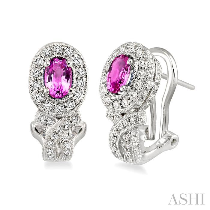 6x4 MM Oval Cut Pink Sapphire and 1 Ctw Round Cut Diamond Precious Earrings in 14K White Gold