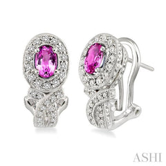 6x4 MM Oval Cut Pink Sapphire and 1 Ctw Round Cut Diamond Precious Earrings in 14K White Gold