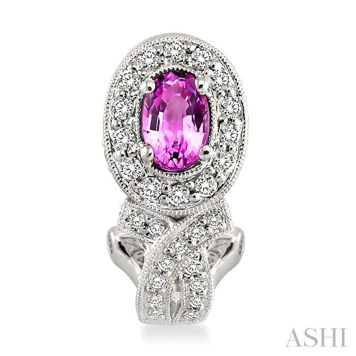 6x4 MM Oval Cut Pink Sapphire and 1 Ctw Round Cut Diamond Precious Earrings in 14K White Gold