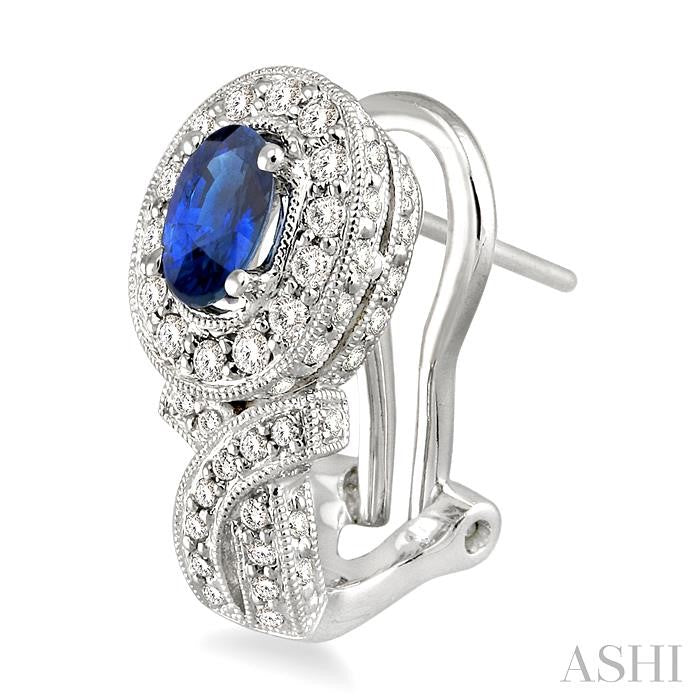 6x4 MM Oval Cut Sapphire and 1 Ctw Round Cut Diamond Precious Earrings in 14K White Gold