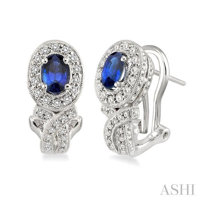 6x4 MM Oval Cut Sapphire and 1 Ctw Round Cut Diamond Precious Earrings in 14K White Gold