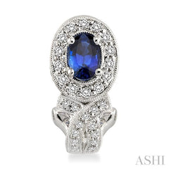 6x4 MM Oval Cut Sapphire and 1 Ctw Round Cut Diamond Precious Earrings in 14K White Gold