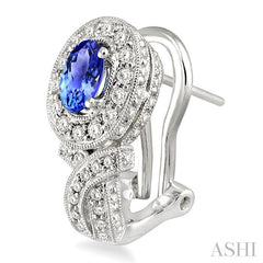 6x4 MM Oval Cut Tanzanite and 1 Ctw Round Cut Diamond Precious Earrings in 14K White Gold