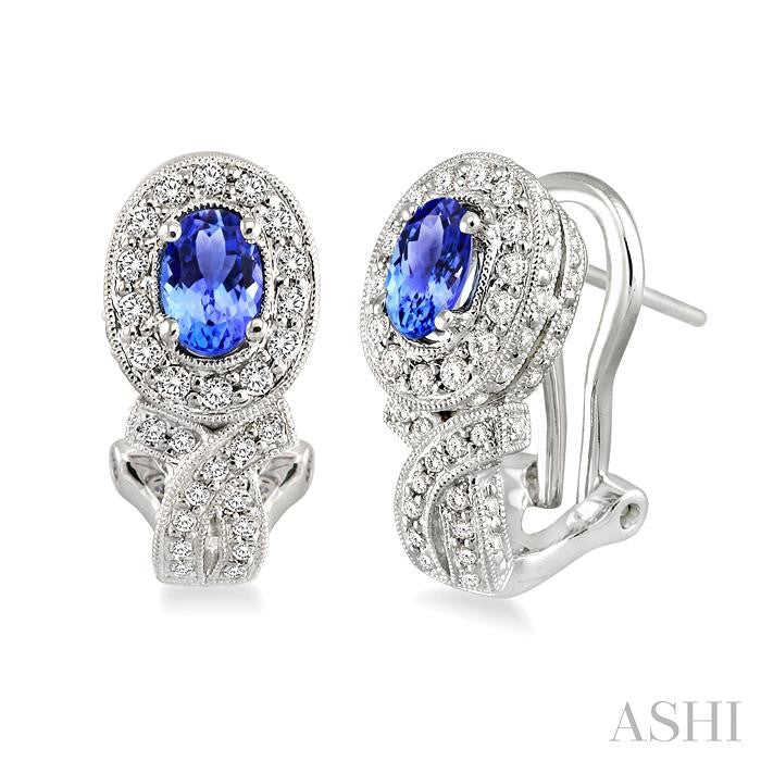 6x4 MM Oval Cut Tanzanite and 1 Ctw Round Cut Diamond Precious Earrings in 14K White Gold