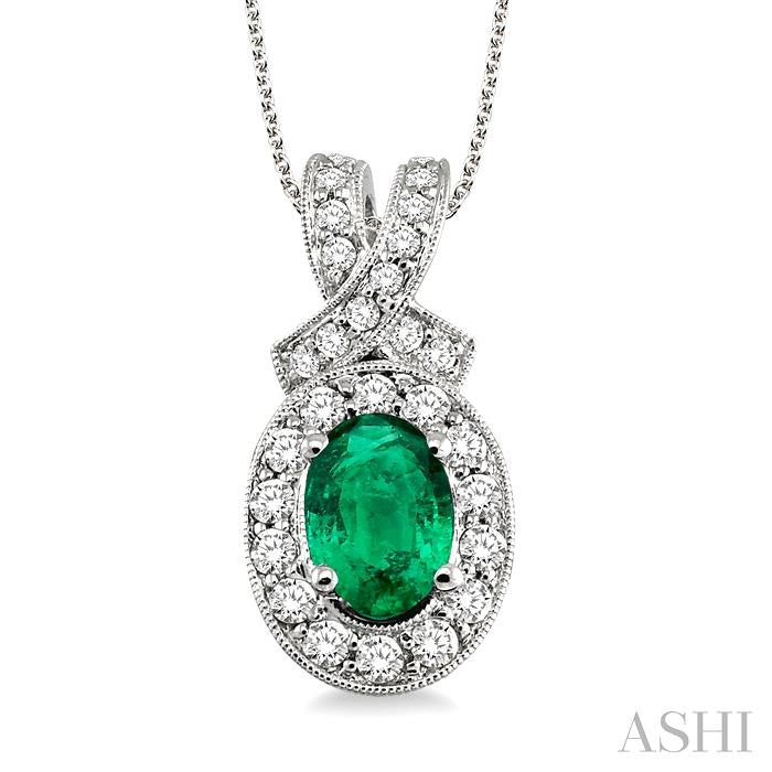 7x5 MM Oval Cut Emerald and 5/8 Ctw Round Cut Diamond Precious Pendant in 14K White Gold with chain