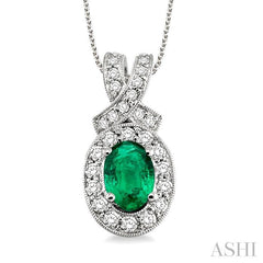 7x5 MM Oval Cut Emerald and 5/8 Ctw Round Cut Diamond Precious Pendant in 14K White Gold with chain