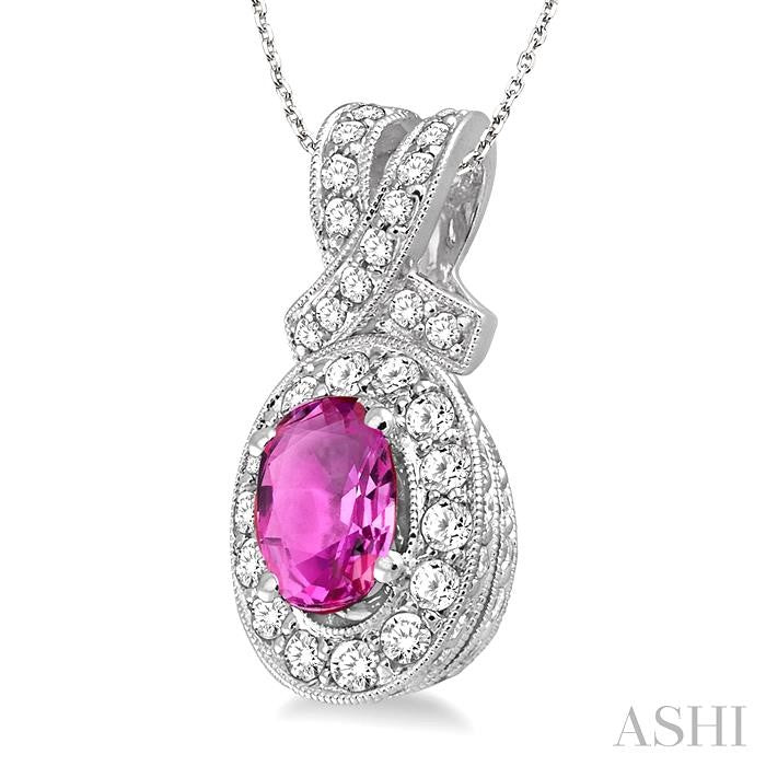7x5 MM Oval Cut Pink Sapphire and 5/8 Ctw Round Cut Diamond Precious Pendant in 14K White Gold with chain