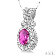 7x5 MM Oval Cut Pink Sapphire and 5/8 Ctw Round Cut Diamond Precious Pendant in 14K White Gold with chain