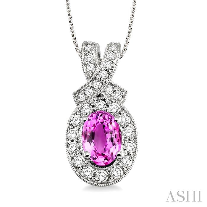 7x5 MM Oval Cut Pink Sapphire and 5/8 Ctw Round Cut Diamond Precious Pendant in 14K White Gold with chain