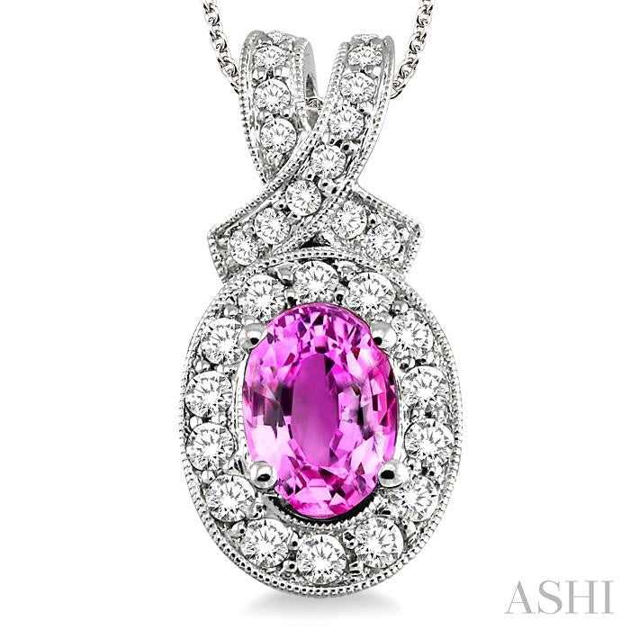 7x5 MM Oval Cut Pink Sapphire and 5/8 ctw Round Cut Diamond Precious Pendant in 14K White Gold with chain